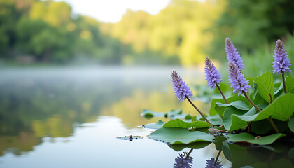 Wildflowers by Calm Lake at Sunrise