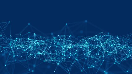Abstract digital network of glowing blue nodes and connecting lines forming a complex geometric structure against a dark deep blue background representing data science and technology concepts - Powered by Adobe