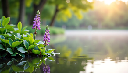 Wildflowers by Calm Lake at Sunrise