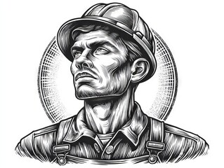 Detailed Black and White Woodcut Illustration of a Resolute Male Worker