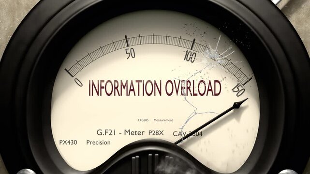 Information overload meter showing big levels of information overload. Dangerously increasing high values of information overload, critical overload. Too much, off the charts. Max information overload