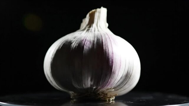 Close-up of a garlic bulb with purple streaks, illuminated with dramatic lighting against a black background