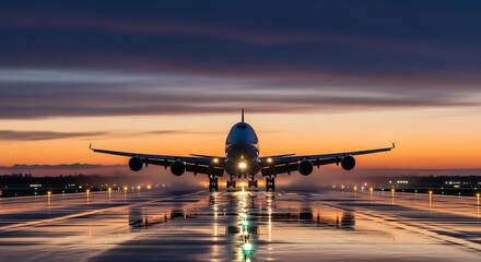 Airplane Taking Off at Sunset - A Majestic Aviation Scene with Glowing Lights.