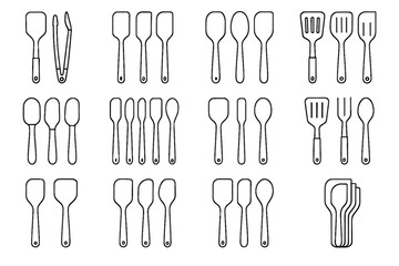Set brush spatula spoon wood grill utensil compact vector icon