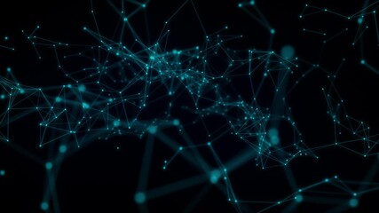 Intricate abstract network of bright cyan points and thin lines creating a complex web of connections and geometric shapes against a dark, blurred background technology themes - Powered by Adobe
