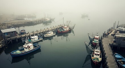 Boats Docked in Misty Harbor - A Serene Coastal Scene.