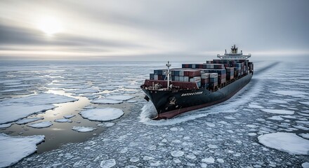 Cargo Ship Navigating Icy Waters - A Vessels Journey Through the Arctic.