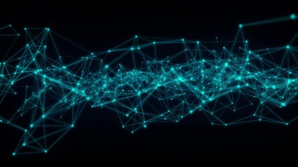 Futuristic abstract network of cyan glowing nodes and connecting lines creating a dynamic web structure against a stark black background symbolizing digital connectivity and advanced technology - Powered by Adobe
