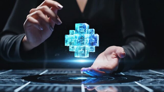 Hologram digital technology innovation futuristic cube data interface cyber security blockchain network virtual glowing business display