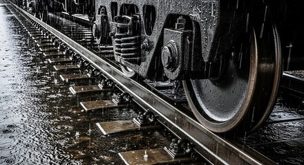Close-up of a Train Wheel Rolling on Wet Railroad Tracks in the Rain.