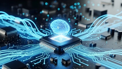 Futuristic artificial intelligence concept, ultra-detailed 3D rendering of a glowing holographic AI brain emerging from a microchip on an advanced electronic circuit board, neon blue light