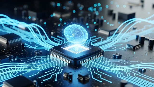 Futuristic artificial intelligence concept, ultra-detailed 3D rendering of a glowing holographic AI brain emerging from a microchip on an advanced electronic circuit board, neon blue light - Powered by Adobe