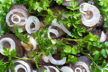 Close-up of pickled eggplant salad. Eggplant with onions and parsley