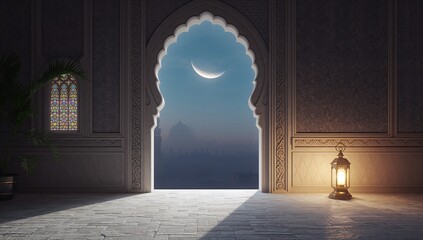 Fototapeta premium Glowing lantern sitting next to a crescent moon at night in a doorway