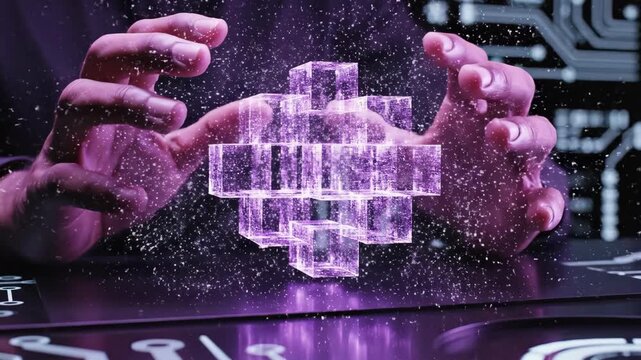 Purple hologram digital cube in hand technology magic data innovation futuristic interface virtual control