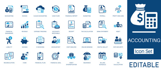 Accounting and Financial Management solid icon set. Includes symbols for Payroll, Profit and Loss, E-invoicing, and Budgeting. Solid vector icons for business tax, bookkeeping, and audit services.