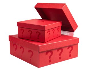Red Cardboard Mystery Box Stack with Question Mark Icons, Dynamic Composition, Isolated on Transparent Background (2)