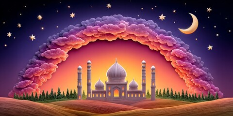 Artistic Ramadan Greeting Card Design Featuring Mosque Silhouette and Night Sky