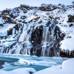 Winter waterfall cascading over dark rocks