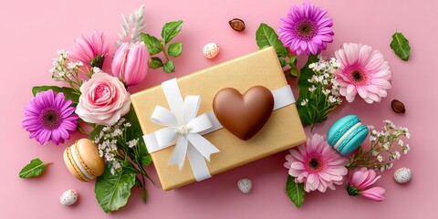 Wrapped Gift Box Surrounded by Floral Accents and Sweet Treats on Pink Background