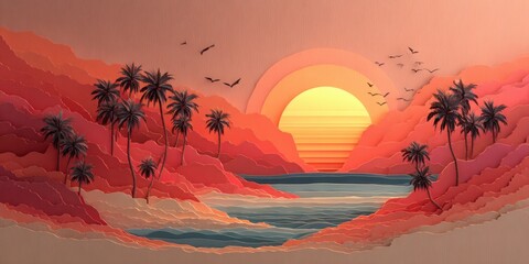 Serene Tropical Sunset Scene Over Beach with Palms and Colorful Sky at Dusk