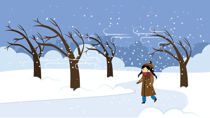 Winter illustration showing a young girl walking along a snowy path among bare trees during falling snow. Calm seasonal scene in soft blue tones, ideal for winter stories, children’s designs, and holi
