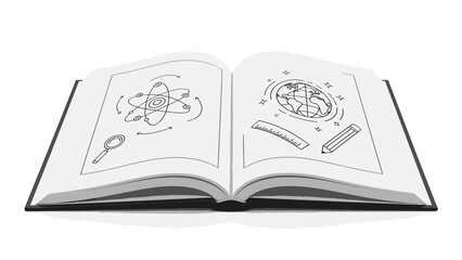 Fototapeta premium Open book with science and education sketches line art.