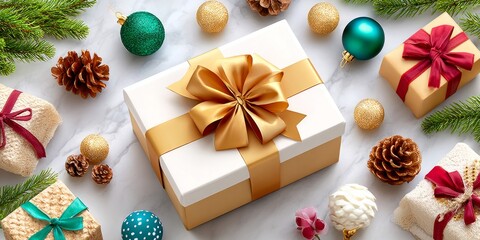 Elegant Flat Lay Scene of Gift Box Surrounded by Christmas Ornaments and Decorations