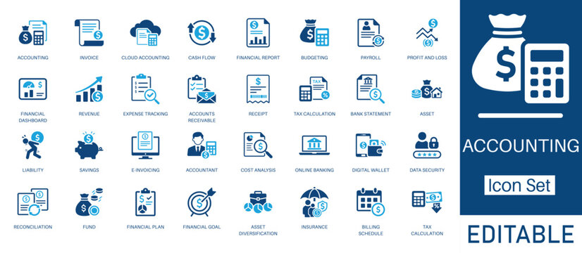 Accounting and Financial Management solid icon set. Includes symbols for Payroll, Profit and Loss, E-invoicing, and Budgeting. Solid vector icons for business tax, bookkeeping, and audit services.