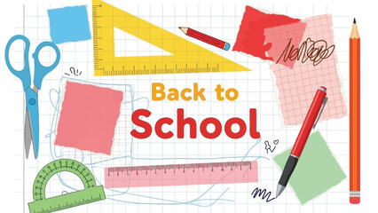 Back to School stationery flat lay illustration with pencils, rulers, and scissors on a checkered background, ready for education and learning activities