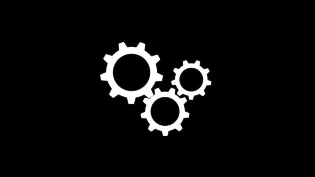 3 white gears spinning. Group of gears. Alpha channel. Gears rotating animation. cogwheel gear icon logotype rotating animation. 4k