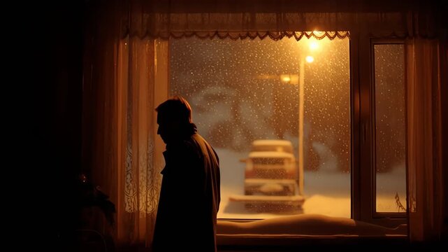 Silhouette person standing near snowy window at night with warm indoor light contrast. Emotional winter mood, calm cinematic lighting, slow motion, reflective seasonal atmosphere.
