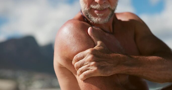 Fitness, mature or hands outdoor with shoulder pain, cardio injury or physical risk in exercise. Sports, tension or senior man outside with joint inflammation, tendinitis or muscle strain in workout.