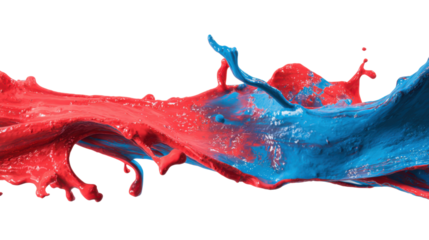 Red and blue paint splashing and merging, creating a dynamic liquid motion on transparent background