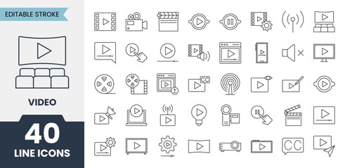 Video line icons set with editable stroke. Containing watching, camera, movie, cinema, media, play, live, production and more. Vector illustration
