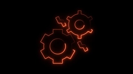 Glowing orange gear with lightning bolts on black background technology innovation concept neon