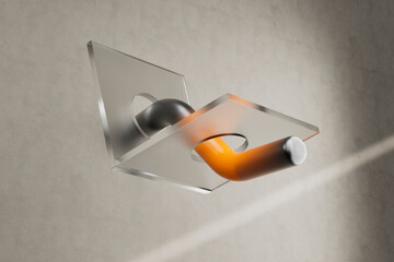 3D render of curved orange pipe entering rectangular transparent