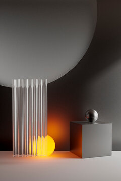 3D render of single balloon falling from blue geometric pedestal