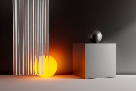 3D render of yellow balloons viewed from above on blue block
