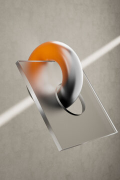3D render of orange tube piercing tilted transparent square