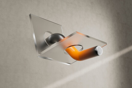 3D render of curved orange pipe entering rectangular transparent