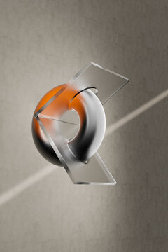 3D render of suspended orange arc through angled clear shapes