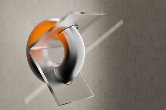3D render of orange ring structure intersecting translucent pane
