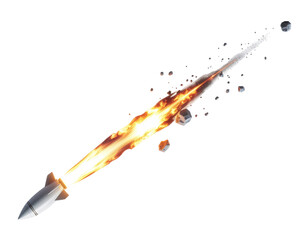 Fototapeta premium Rocket Propelling with Flames and Debris in Dynamic Motion on a Transparent Background