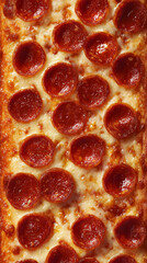 Overhead Macro View of a Freshly Baked Detroit Style Pepperoni Pizza with Melted Cheese and Cupped Meat