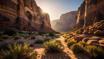 Grand Desert Canyon Sunrise Over Natural Rock Arches