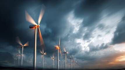 Wind turbines with aviation lights under stormy sky.
