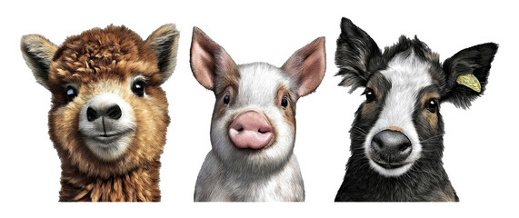 Obraz premium Cute Mini Farm Animals Collection with Fluffy Alpaca, Pig, and Cow Illustrations