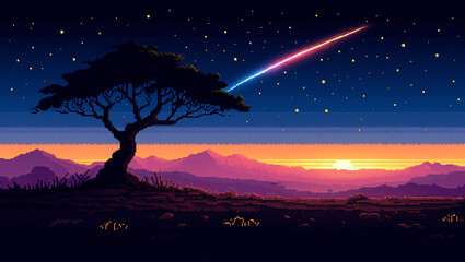 Pixel art landscape with a lone tree and a shooting star across a starry night sky