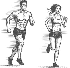 Running man and woman, isolated vector charcoal silhouettes. Run, side view. Charcoal sketches of athletic looking male and female runners running. Transparent background EPS version.
